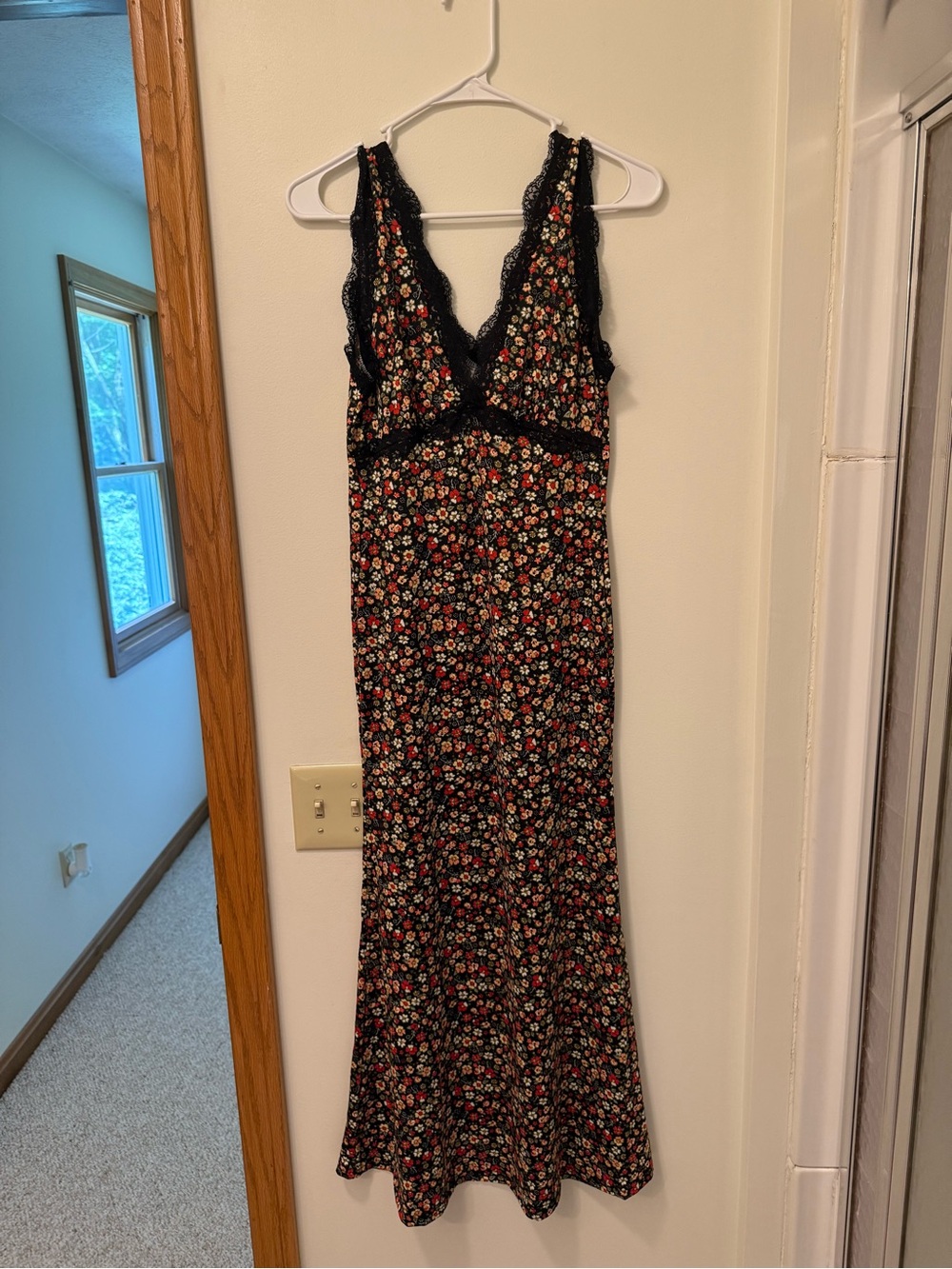 Floral Lace-Trim Maxi Dress - Black with Red & Cream Floral